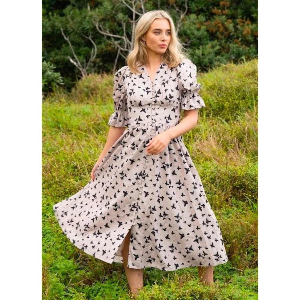 Jessakae Butterfly Kisses Midi Dress Large Button Front Retro Swing Velour Print